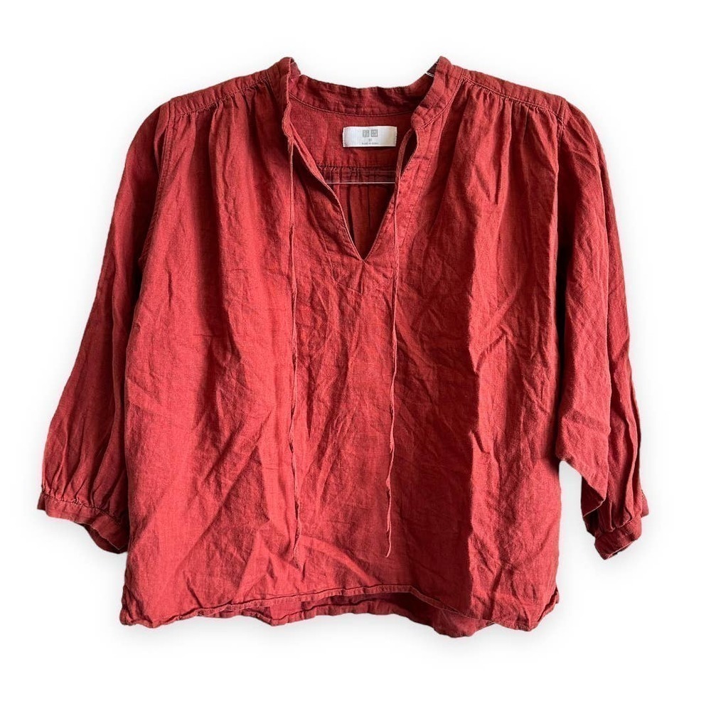 Uniqlo Orange Rust Linen Peasant Blouse Boho Tunic Top Tie Neck Size XS